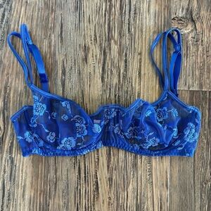 Vintage Y2K Victoria's Secret Blue Floral Embroidered Mesh Sheer Bra 34B Unlined
